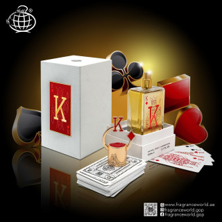 Fragrance World King K EDP 80 ml — упаковка товара; очень крупный план; на тёмном фоне