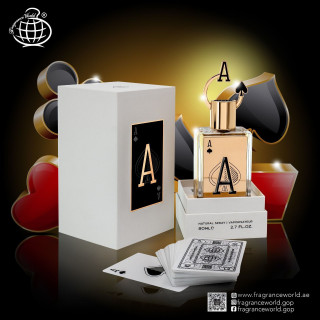 Fragrance World Ace EDP 80 ml — toote pakend; väga lähivõte; tumedal taustal