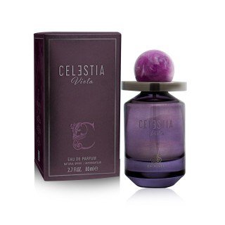 Fragrance World Celestia Viola EDP 100 ml — продукт и опаковка; близък план; на бял фон