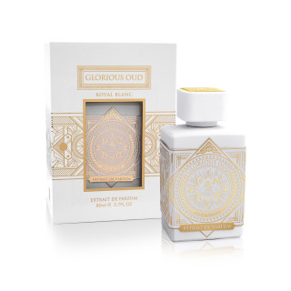 Fragrance World Glorious Oud Royal Blanc EDP 80 ml — tuotepakkaus; koko sommitelma; valkoisella taustalla