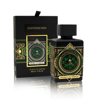 Fragrance World Happiness Oud Extrait de Parfum 80 ml — товар и упаковка; крупный план; на белом фоне; самый широкий кадр