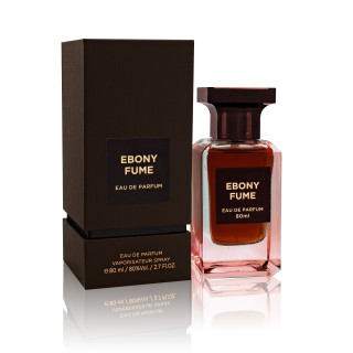 Fragrance World Ebony Fume EDP 80 ml — product and packaging; close view; on a white background