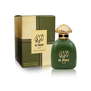 Fragrance World Al Raiee Green EDP 100 ml — produto e embalagem; grande plano; sobre fundo branco