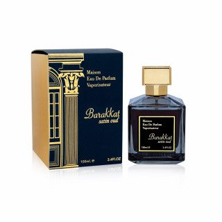 Fragrance World Barakkat Satin Oud EDP 100 ml — toode ja pakend; täiskompositsioon; valgel taustal