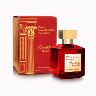 Fragrance World Barakkat Rouge 540 Extrait Red EDP 100 ml — produkt og emballage; nærbillede; på hvid baggrund