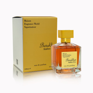 Fragrance World Barakkat Ambre Eve EDP 100 ml — toode ja pakend; lähivaade; valgel taustal; kõige laiem kadreering