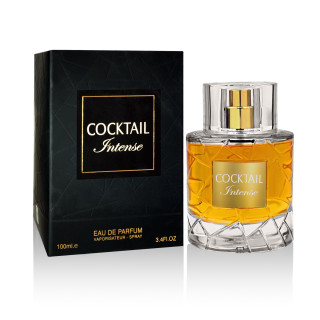 Fragrance World Cocktail Intense EDP 100 ml — tuote ja pakkaus; lähikuva; valkoisella taustalla; väljin rajaus