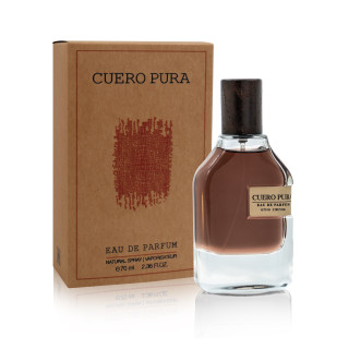 Fragrance World Cuero Pura EDP 70 ml — product en verpakking; close-up; op een witte achtergrond