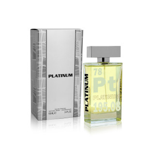 Fragrance World Pt Platinum EDP 100 ml — tuotepakkaus; koko sommitelma; valkoisella taustalla