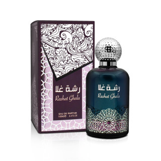 Fragrance World Rashat Ghala EDP 100 ml — produktas ir pakuotė; artimas vaizdas; baltame fone; plačiausias kadras