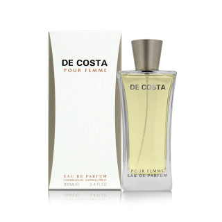 Fragrance World De Costa EDP 100 ml — товар и упаковка; полная композиция; на белом фоне; самый близкий кадр
