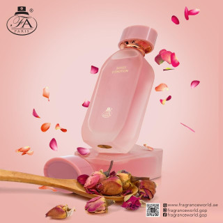 Fragrance World Roses D’emotion EDP 100 ml — toote vaade; väga lähivõte; heledal taustal