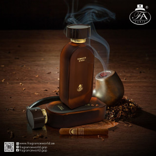 Fragrance World Tobacco D’feu EDP 100 ml — toode stiliseeritud keskkonnas; väga lähivõte; toote infograafika