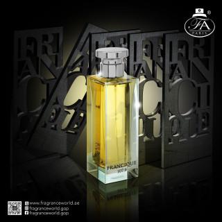 Fragrance World Francique 107.9 EDP 100 ml — toode ja pakend; lähivaade; tumedal taustal; kõige laiem kadreering