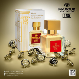 Fragrance World Marque 150 EDP 25 ml — product en verpakking; zeer nabije close-up; op een donkere achtergrond