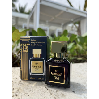 Fragrance World Marque 214 EDP 25 ml — produktas stilizuotoje aplinkoje; stambus planas; baltame fone; plačiausias kadras