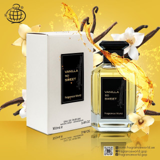 Fragrance World Vanilla So Sweet EDP 100 ml — produkta iepakojums; ļoti tuvs plāns; uz krāsaina fona