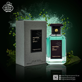 Fragrance World Pepper so Spicy EDP 100 ml — товар в стилизованной композиции; очень крупный план; на тёмном фоне