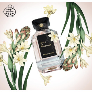 Fragrance World White As Tuberose EDP 100 ml — toode stiliseeritud keskkonnas; väga lähivõte; heledal taustal