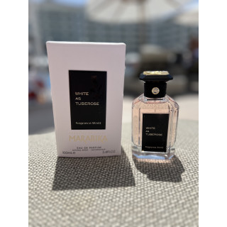 Fragrance World White As Tuberose EDP 100 ml — toode ja pakend; väga lähivõte; valgel taustal