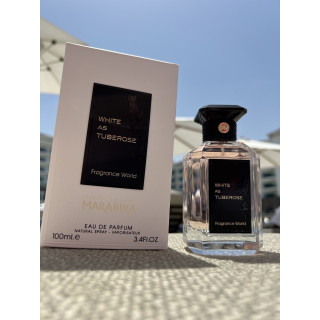 Fragrance World White As Tuberose EDP 100 ml — toode stiliseeritud keskkonnas; väga lähivõte; valgel taustal