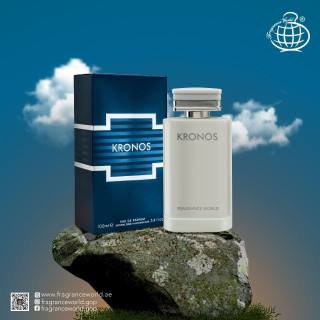 Fragrance World Kronos EDP 100 ml — toode stiliseeritud keskkonnas; lähivaade; kivipinnal; kõige laiem kadreering