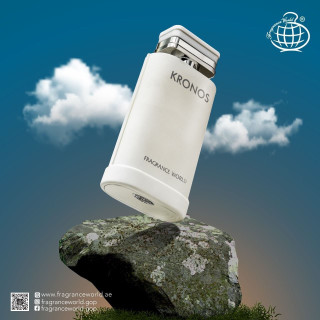Fragrance World Kronos EDP 100 ml — toode stiliseeritud keskkonnas; lähivaade; kivipinnal; lähim kadreering