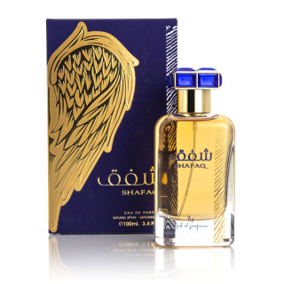Lattafa Perfume Shafaq EDP 100 ml — товар и упаковка; крупный план; на белом фоне