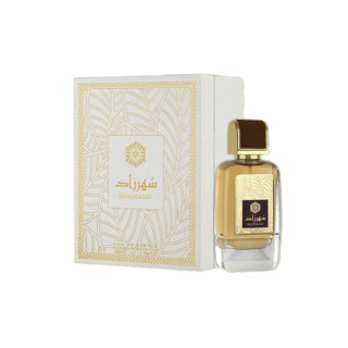 Lattafa Perfume Shahrazad EDP 100 ml — toode ja pakend; väga lähivõte; valgel taustal