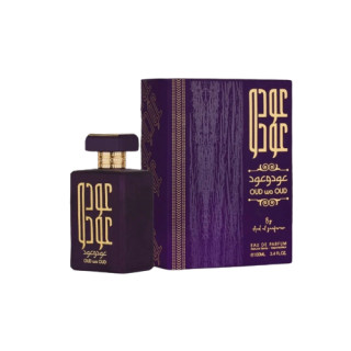 Lattafa Perfume Oud Wa Oud EDP 100 ml — toote pakend; täiskompositsioon; tumedal taustal