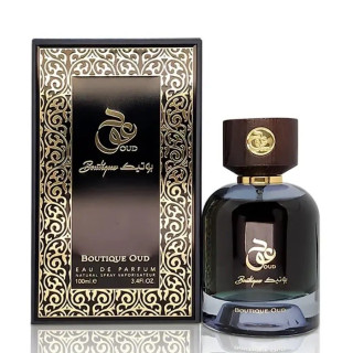 Lattafa Perfume Boutique Oud EDP 100 ml — produkta skats; ļoti tuvs plāns; uz balta fona