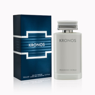 Fragrance World Kronos EDP 100 ml — toode ja pakend; lähivaade; valgel taustal
