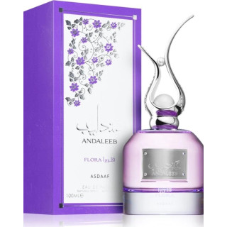 Lattafa Perfume Andaleeb Flora EDP 100 ml — produktvisning; nærbillede; på hvid baggrund; tætteste udsnit
