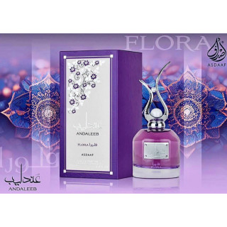 Lattafa Perfume Andaleeb Flora EDP 100 ml — produktvisning; meget tæt nærbillede; på hvid baggrund