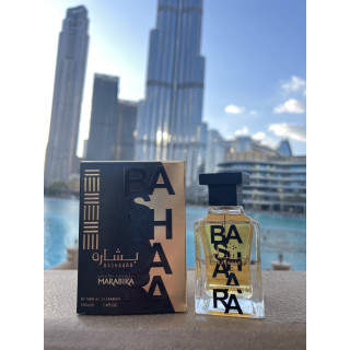 Lattafa Perfume Bashaara EDP 100 ml — product in a styled setting; tight close-up; outdoors; widest framing