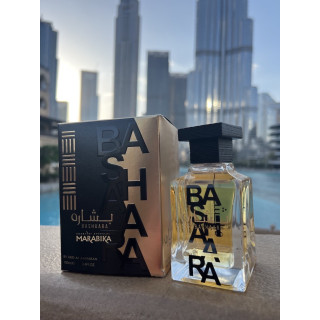 Lattafa Perfume Bashaara EDP 100 ml — product in a styled setting; tight close-up; outdoors; wide framing