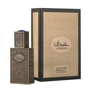 Lattafa Perfume Hamdan 12 ml — produkto pakuotė; stambus planas; baltame fone