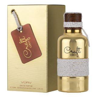 Lattafa Perfume Vurv Craft Oro EDP 100 ml — produkt og emballasje; svært tett nærbilde; på hvit bakgrunn; videste utsnitt
