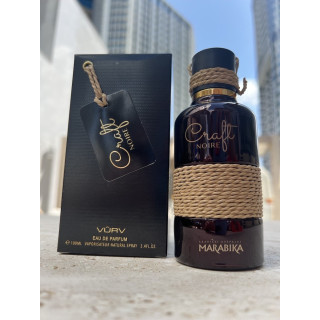 Lattafa Perfume Vurv Craft Noire EDP 100 ml — товар и упаковка; очень крупный план; на белом фоне; самый широкий кадр