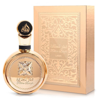 Lattafa Perfume Fakhar Extrait Gold EDP 100 ml — товар и упаковка; очень крупный план; на белом фоне