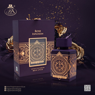 Fragrance World Rose Explosion Extrait de Parfum 80 ml — toote pakend; väga lähivõte; tumedal taustal