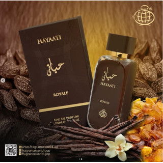 Fragrance World Hayaati Royale 100 ml — produkt i opakowanie; bardzo bliskie ujęcie; na kolorowym tle
