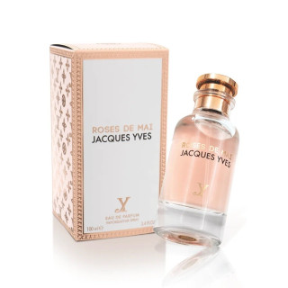 Fragrance World Roses De Mai Jacques Yves EDP 100 ml — produktas ir pakuotė; visa kompozicija; baltame fone