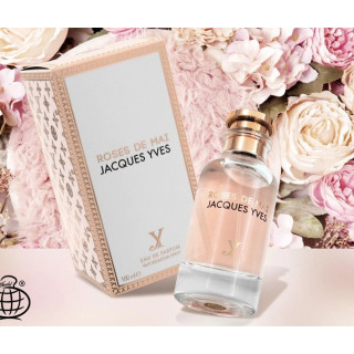 Fragrance World Roses De Mai Jacques Yves EDP 100 ml — produktas stilizuotoje aplinkoje; stambus planas; su gėlėmis