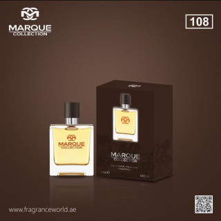 Fragrance World Marque 108 EDP 25 ml — produktas ir pakuotė; artimas vaizdas; tamsiame fone