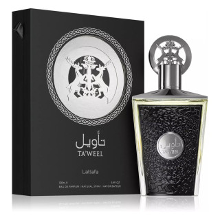 Lattafa Perfume TA'WEEL EDP 100 ml — упаковка товара; очень крупный план; на белом фоне