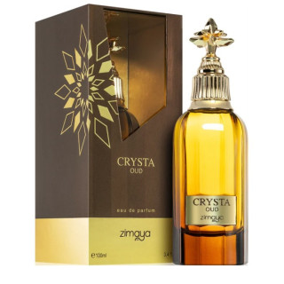 Zimaya Crysta Oud EDP 100 ml — товар и упаковка; очень крупный план; на белом фоне; самый близкий кадр