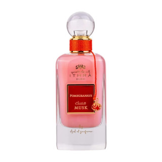 Lattafa Perfume Pomegranate Musk EDP 100 ml — toode eestvaates; lähivaade; valgel taustal