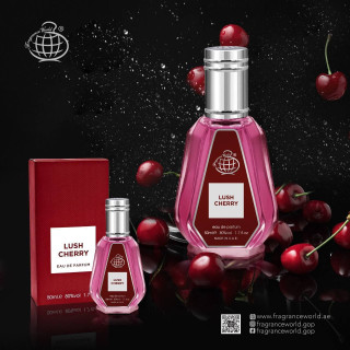 Fragrance World Lush Cherry EDP 50 ml — товар и упаковка; крупный план; на тёмном фоне