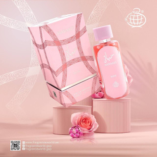 Fragrance World Hayaati Rose EDP 100 ml — товар в стилизованной композиции; крупный план; на цветном фоне